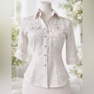 White Floral Embroidered Button Down Shirt Fitted Blouse XS Cottagecore